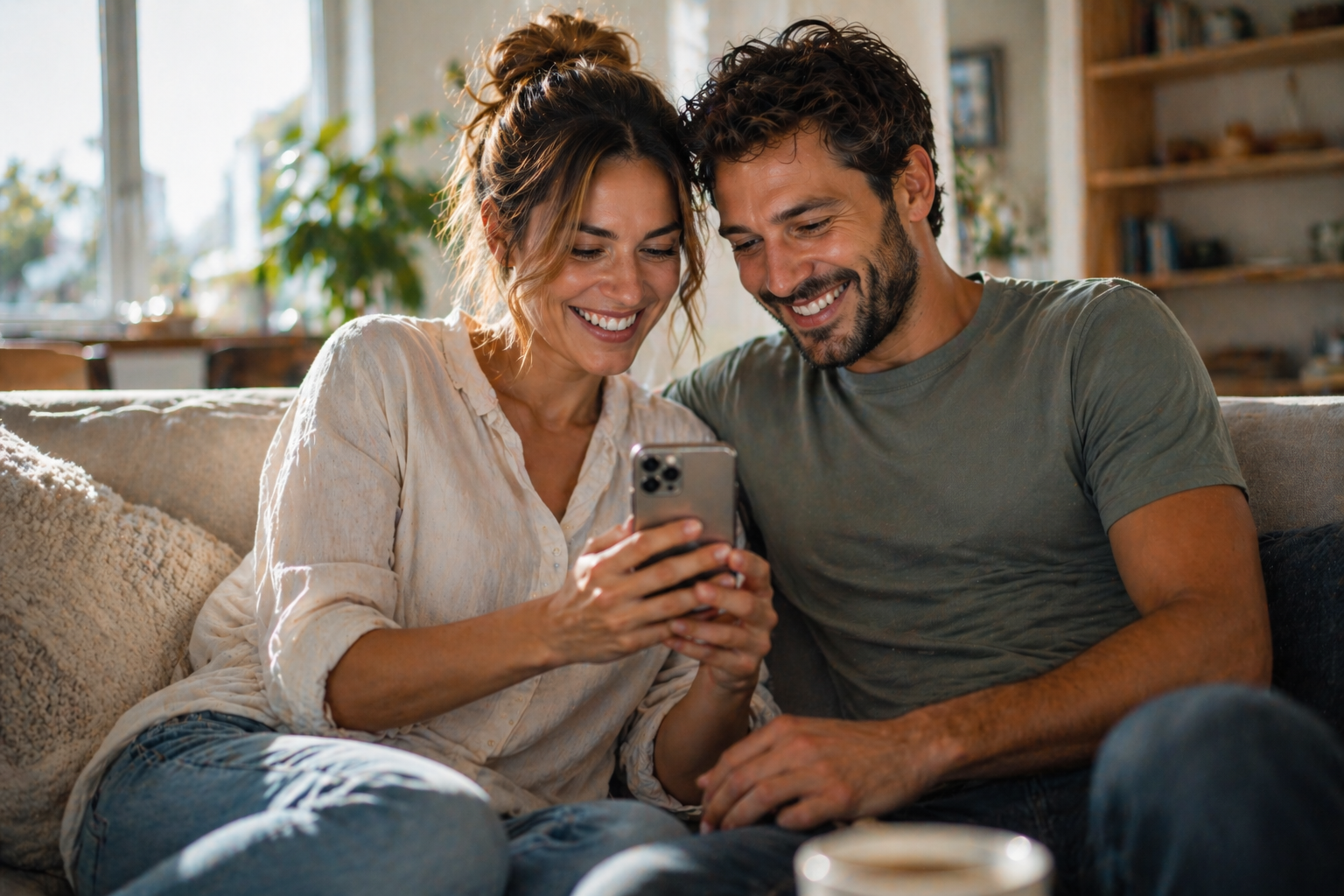 Stel kijkt samen op een telefoon